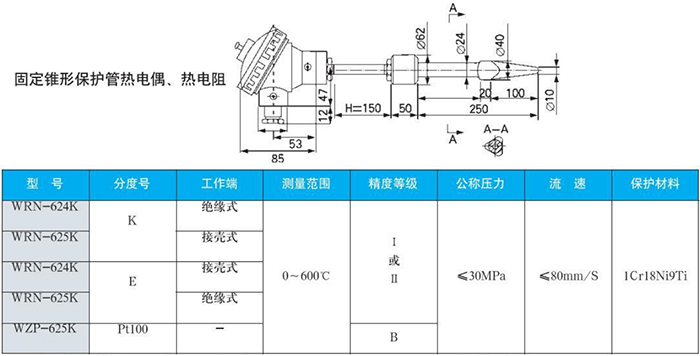 電站測溫專用熱電偶固定錐形保護(hù)管規(guī)格表